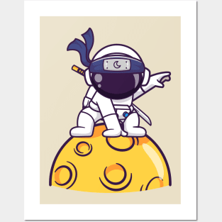 Cute Astronaut Ninja Landing On Moon Cartoon Posters and Art